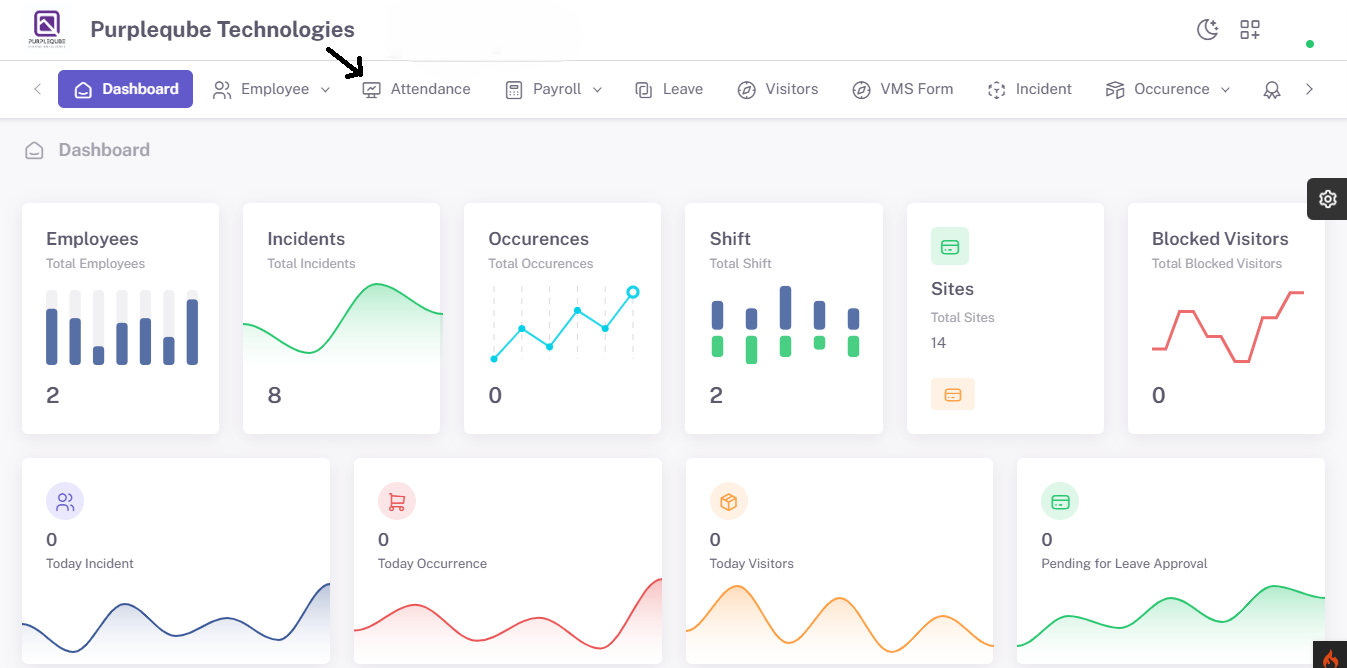 Dashboard showing main navigation menu with Attendance tab highlighted
