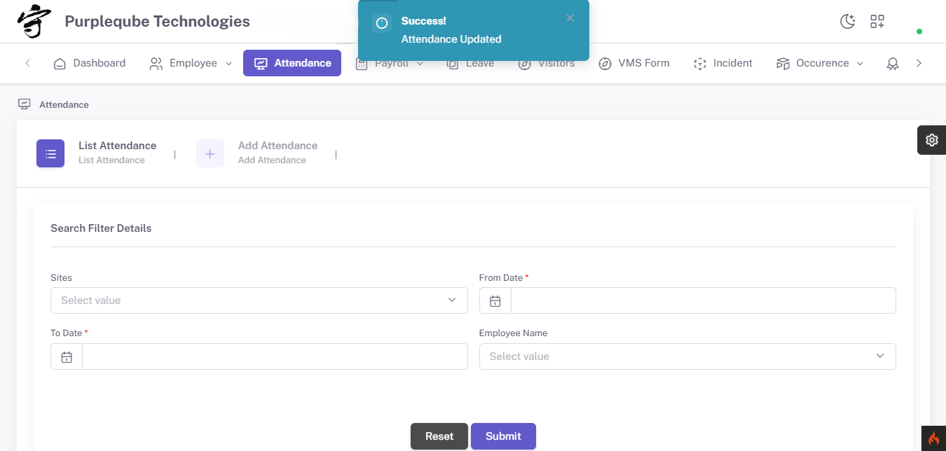 Success notification toast displaying Attendance Updated message after editing a record