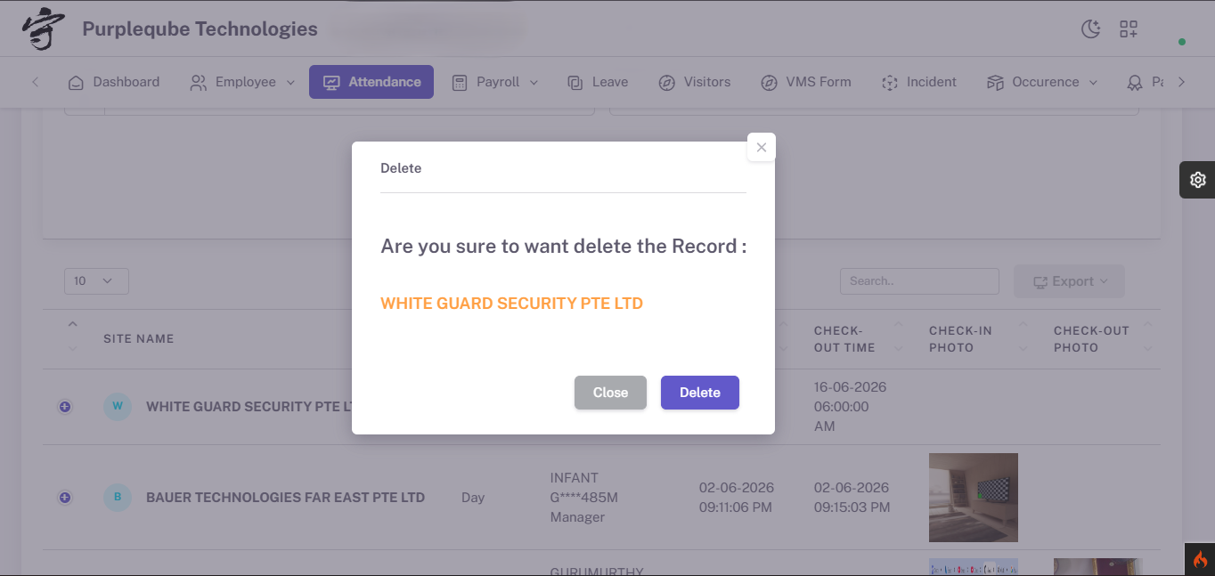 Delete confirmation dialog asking Are you sure to want delete the Record with Close and Delete buttons