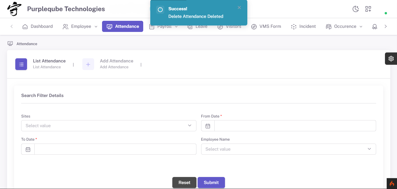 Success notification toast displaying Delete Attendance Deleted message after record removal