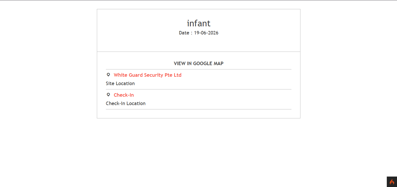Google Map view showing employee name, date, site location, and check-in location with View in Google Map option