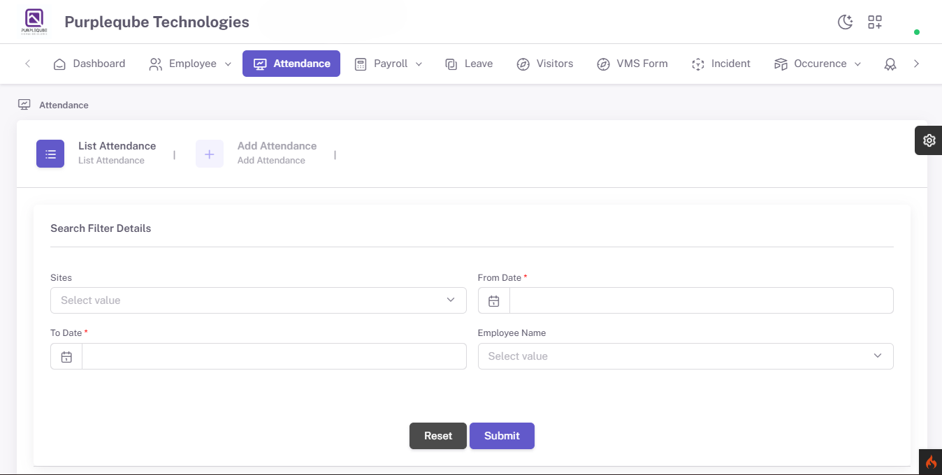 Attendance page showing List Attendance and Add Attendance tabs with Search Filter Details section
