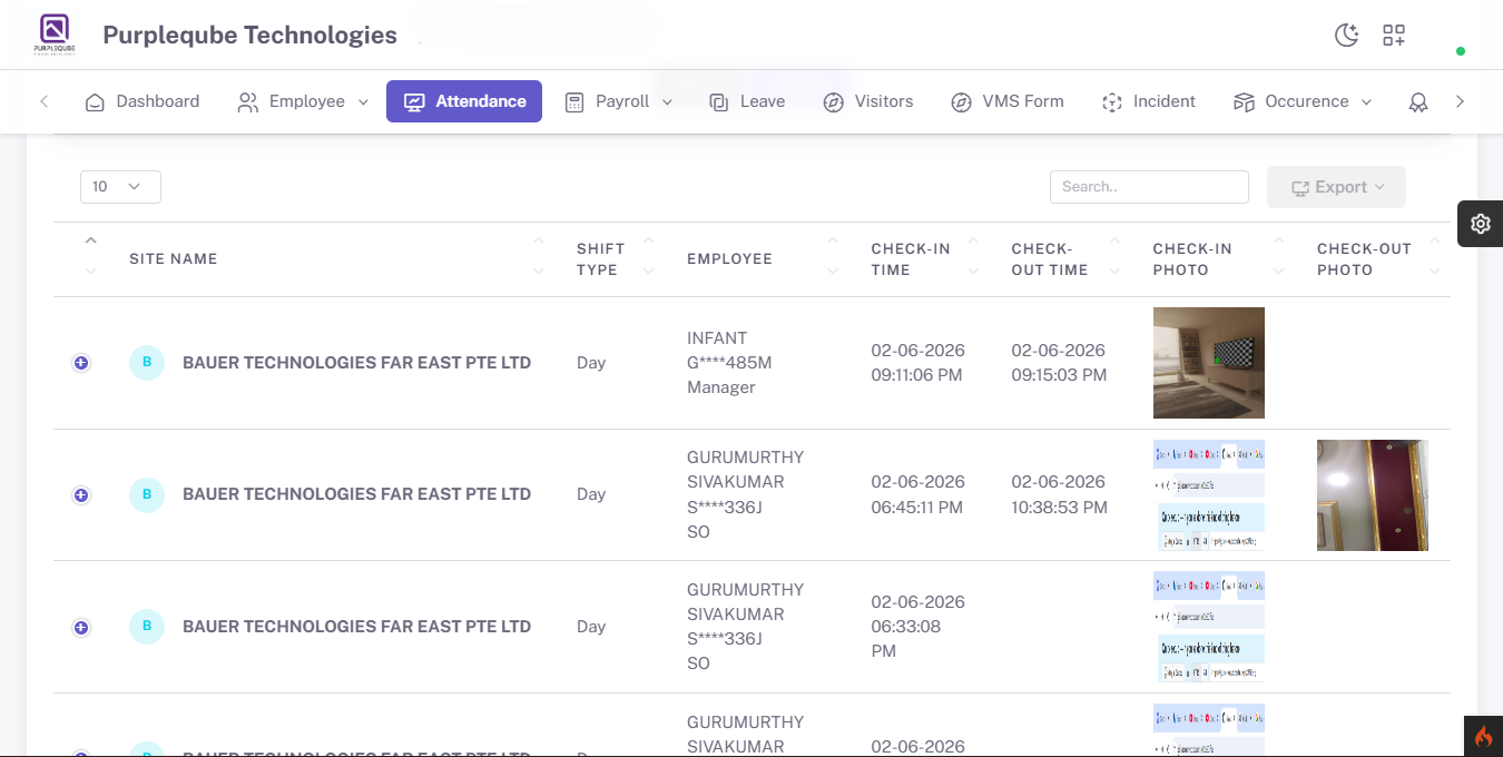 Attendance list table showing employee records with site name, shift type, employee details, check-in/check-out times, and photo verification columns