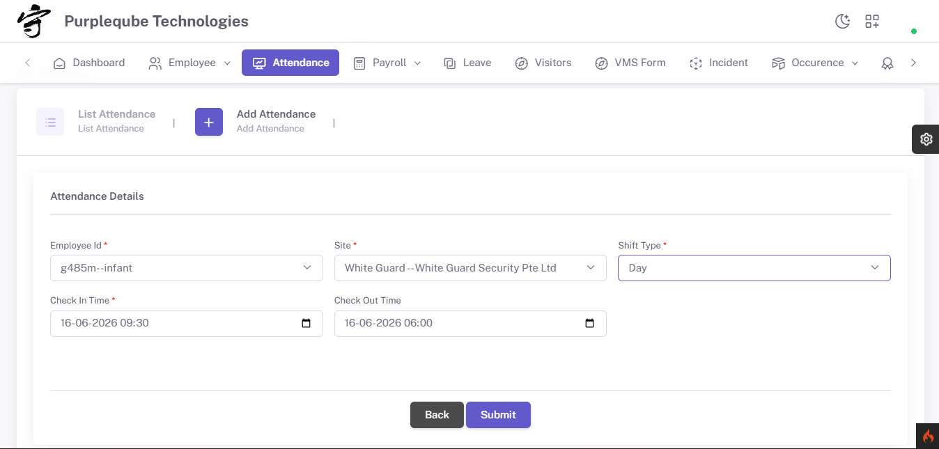 Add Attendance form with fields for Employee Id, Site, Shift Type, Check In Time, and Check Out Time