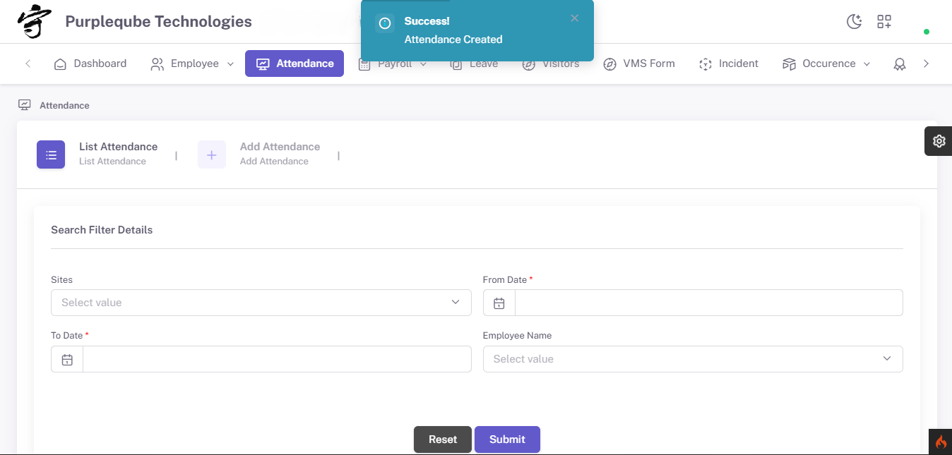 Success notification toast displaying Attendance Created message after form submission