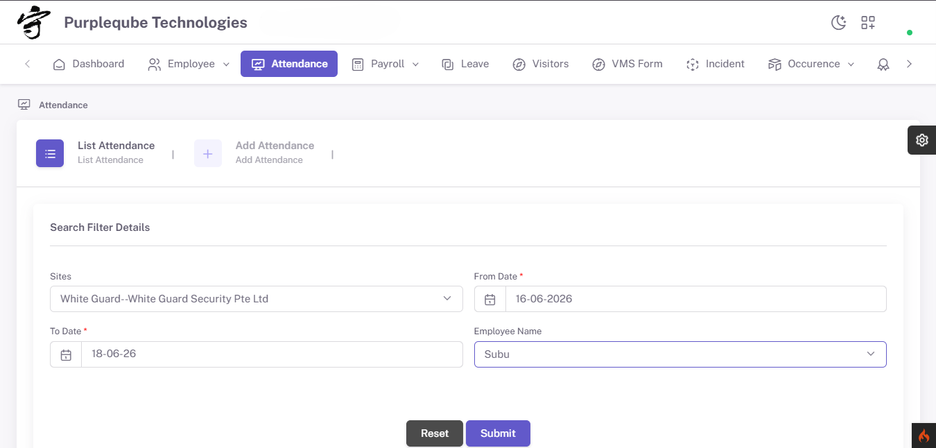 Search Filter Details form with Sites, From Date, To Date, and Employee Name fields populated with search values