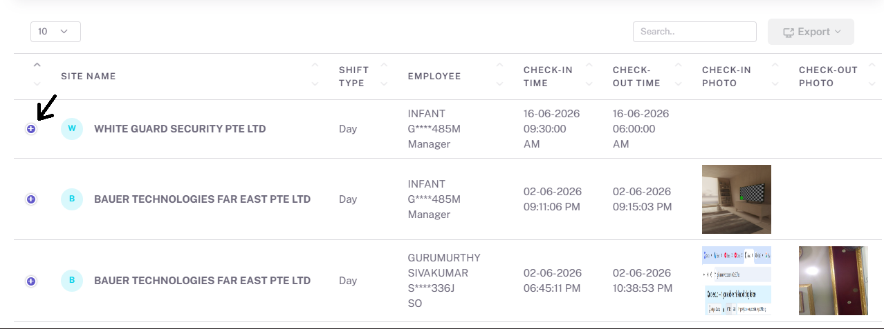 Filtered attendance list showing results with plus icon for expanding row details highlighted